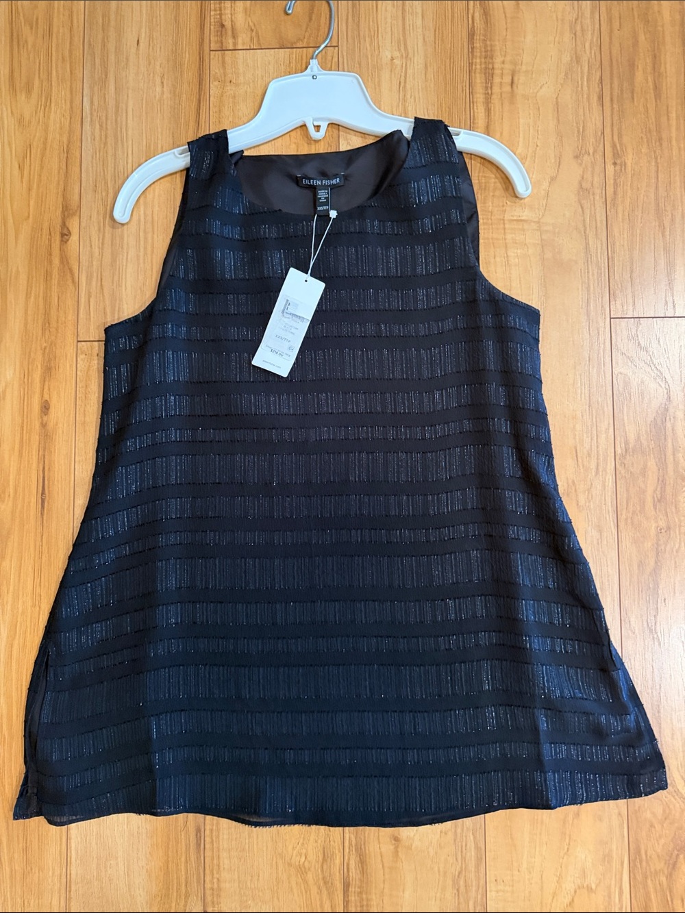 Eileen Fisher Black Silk with Silver Texture Sleeveless Tunic NWT